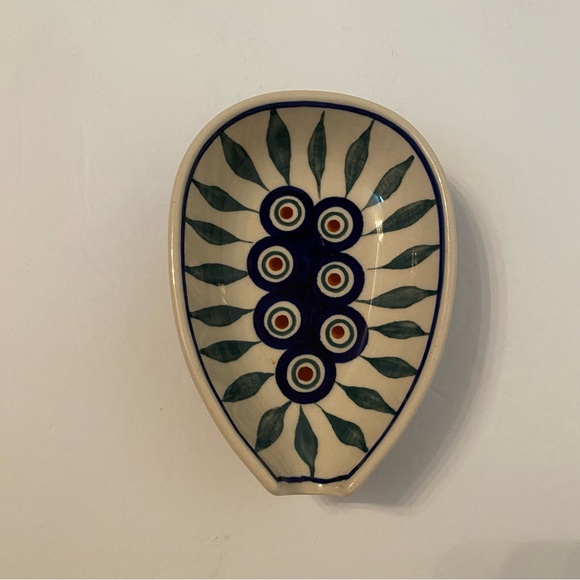 POLISH POTTERY SPOON REST BLUE WHITE GREEN PEACOCK HANDMADE HOME KITCHEN - Picture 1 of 9